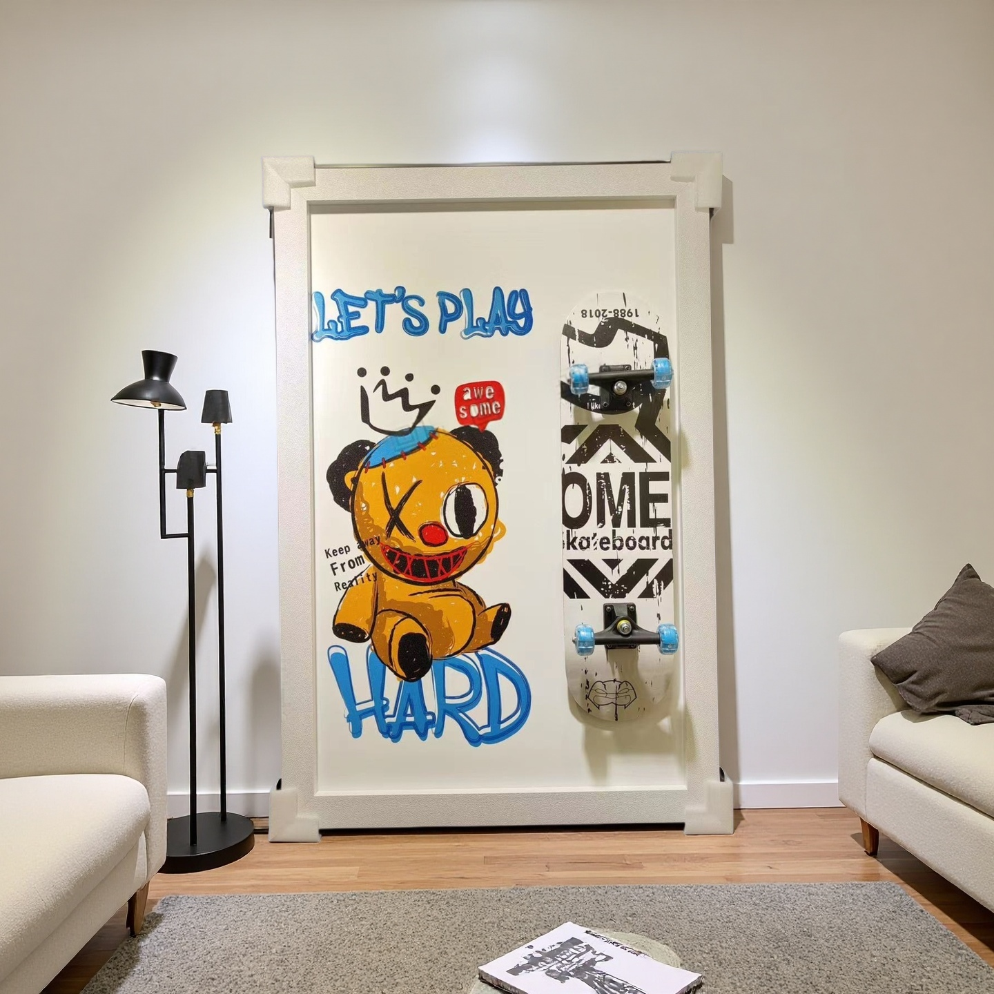 3D skateboard wall art with cartoon bear and Let’s Play Hard design