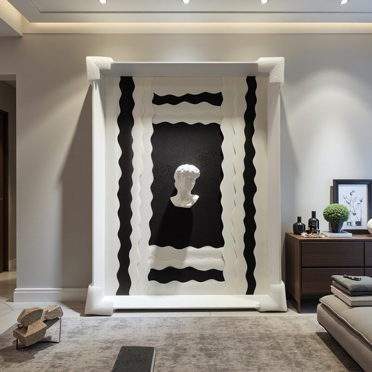Sculptural Wall Art 50×70 – Black Base with White Frame & Bust Motif
