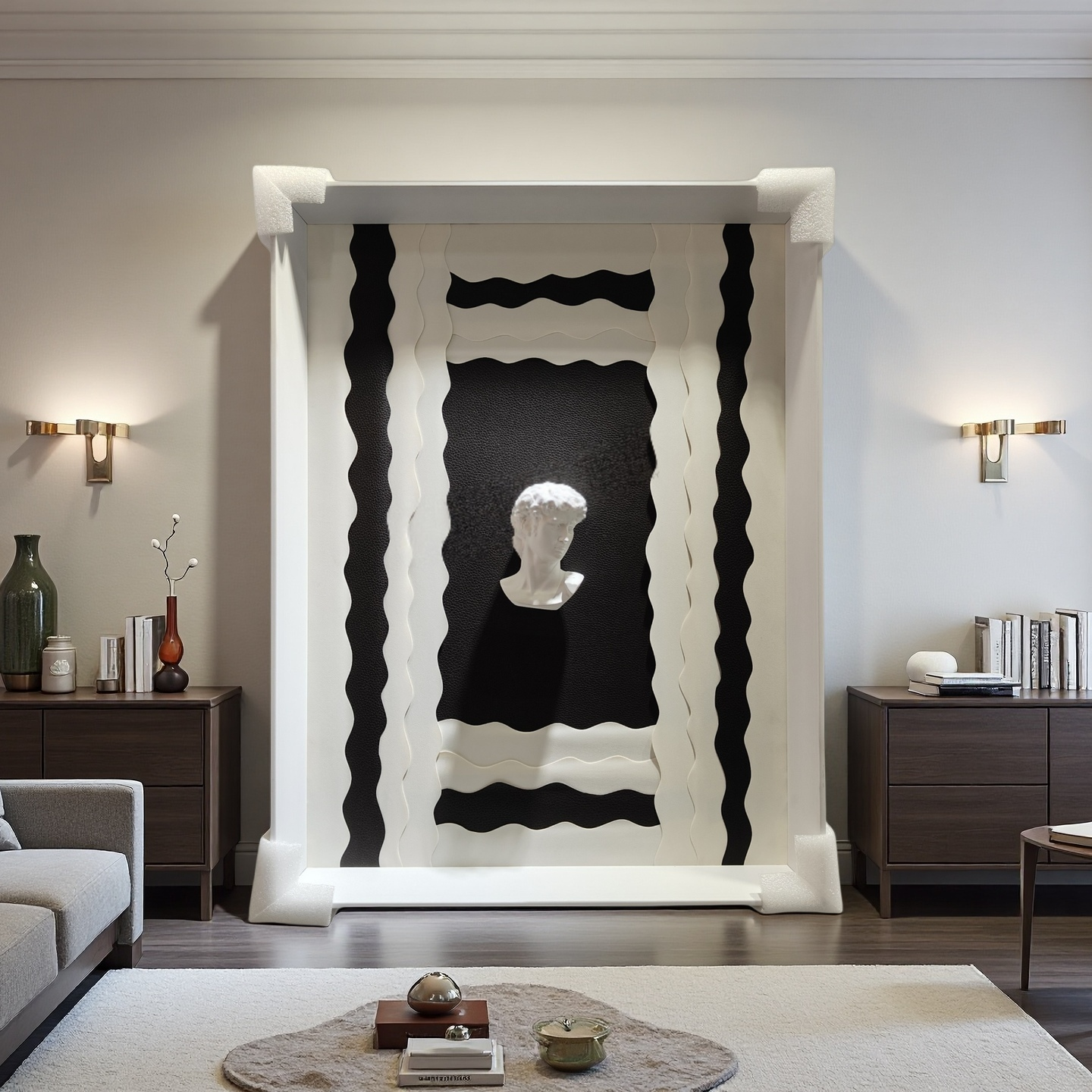 Sculptural Wall Art 50×70 – Black Base with White Frame & Bust Motif