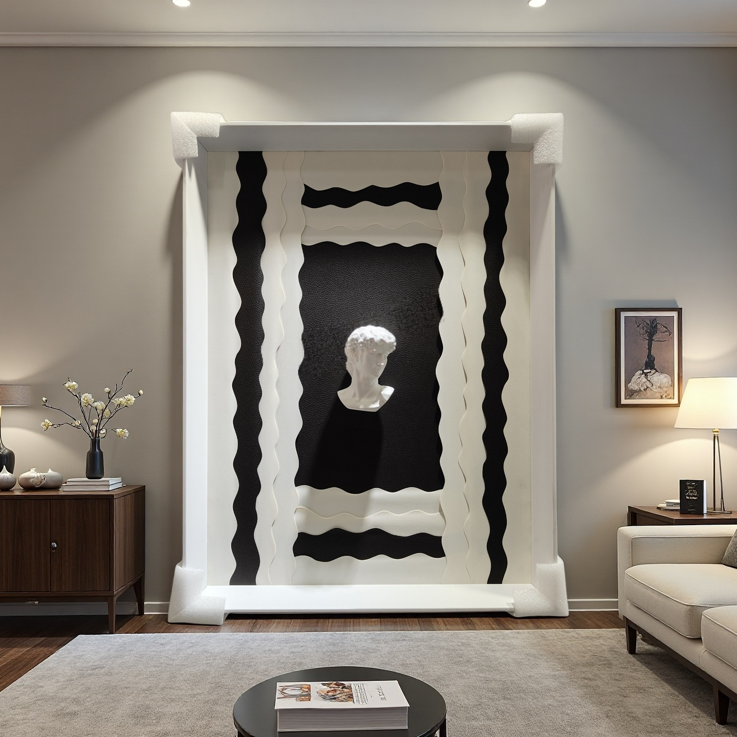 Sculptural Wall Art 50×70 – Black Base with White Frame & Bust Motif