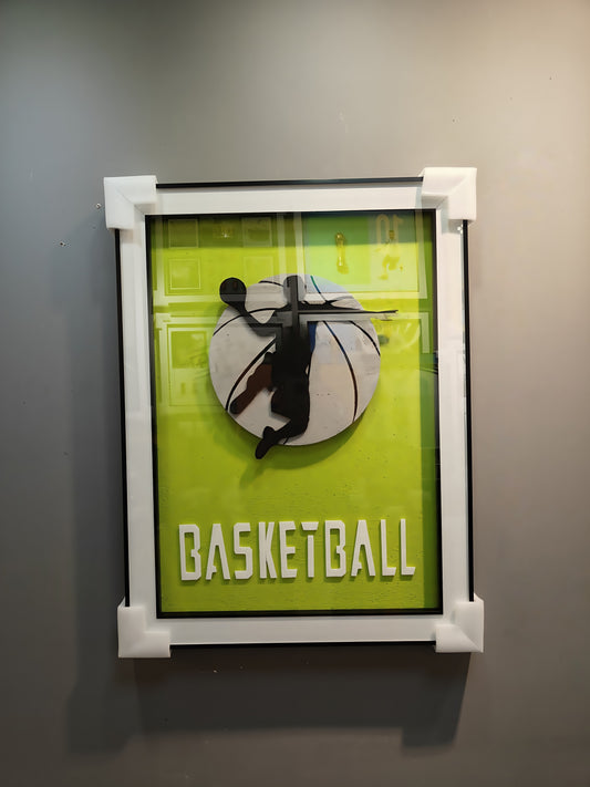 Basketball 3D wall art with dunk silhouette on vibrant green background, 60x80cm, wall mounted.