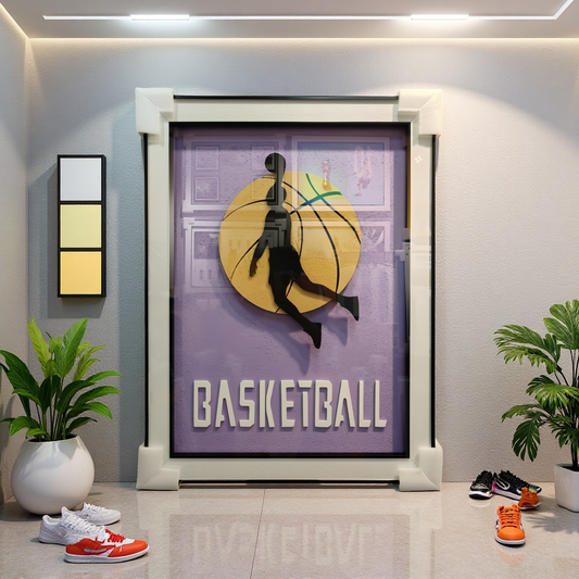Basketball 3D wall art dunk silhouette on purple background with golden basketball, wall-mounted sports decor 60x80cm.
