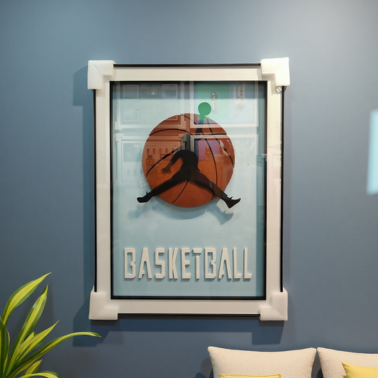 Wall-mounted basketball 3D artwork with slam dunk silhouette and blue background

