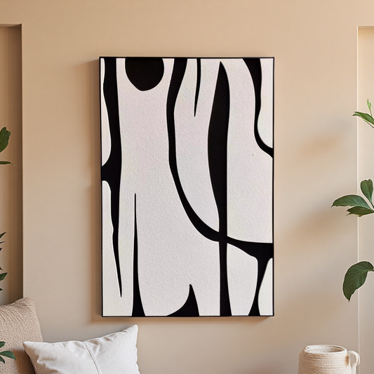 Modern vertical 80×120cm wall art with flowing black and white abstract shapes in minimalist style

