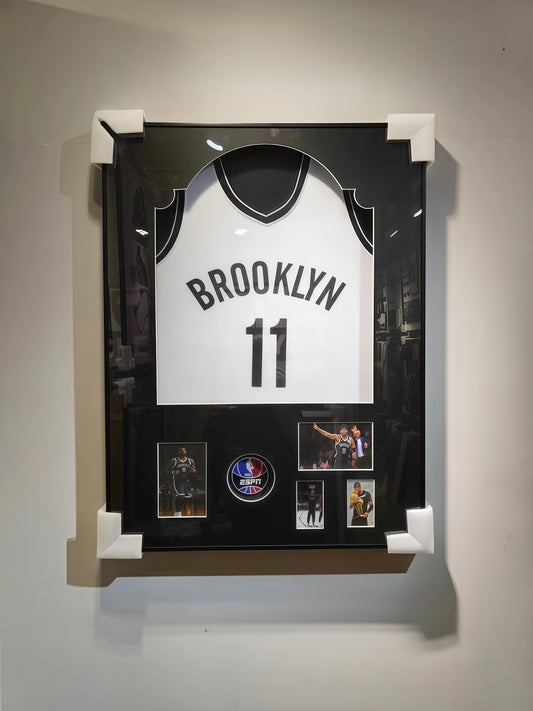 Brooklyn #11 Basketball Jersey in Shadow Box Frame with Replaceable Openable Front Panel and ESPN-style Design
