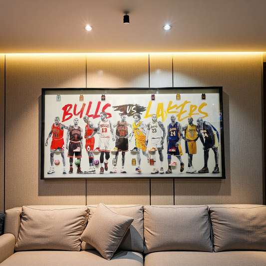 Bulls vs Lakers framed basketball legends wall art featuring iconic NBA players in vivid colors.

