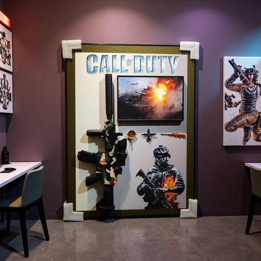 Call of Duty 3D wall art with camo assault rifle and battle tank explosion for gaming room decor.

