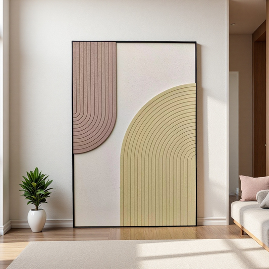 Vertical 80×120cm minimalist wall art with curved line texture in beige and warm tan, mounted on wall