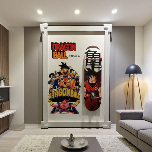 Dragon Ball 3D wall art with Goku and anime skateboard design