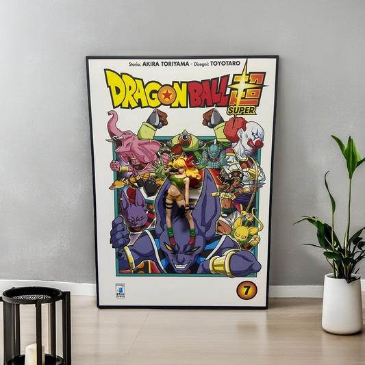 Dragon Ball Super 3D wall art with a Launch figurine mounted on anime comic-style background