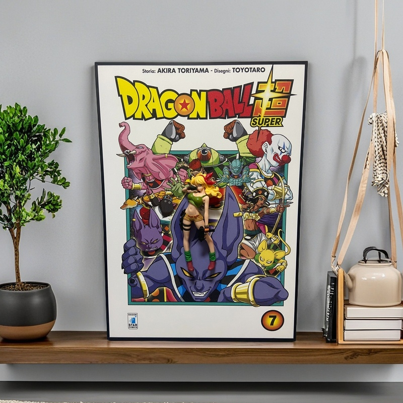 Dragon Ball Super 3D wall art with a Launch figurine mounted on anime comic-style background