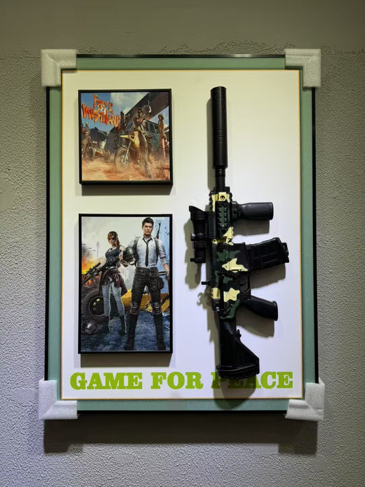 Game For Peace 3D gun wall art featuring PUBG-themed posters and camo gun display, 50×70cm for wall hanging.