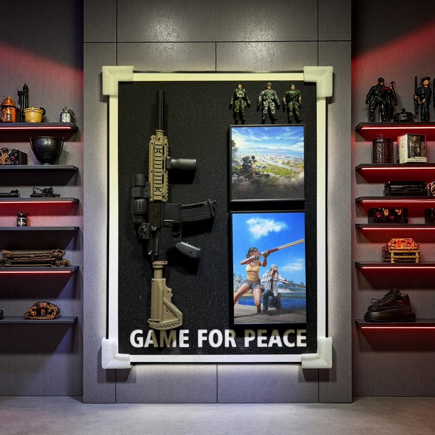 Game for Peace 3D wall art with rifle, soldier figures, and action scenes, size 50×70cm, wall-mounted display
