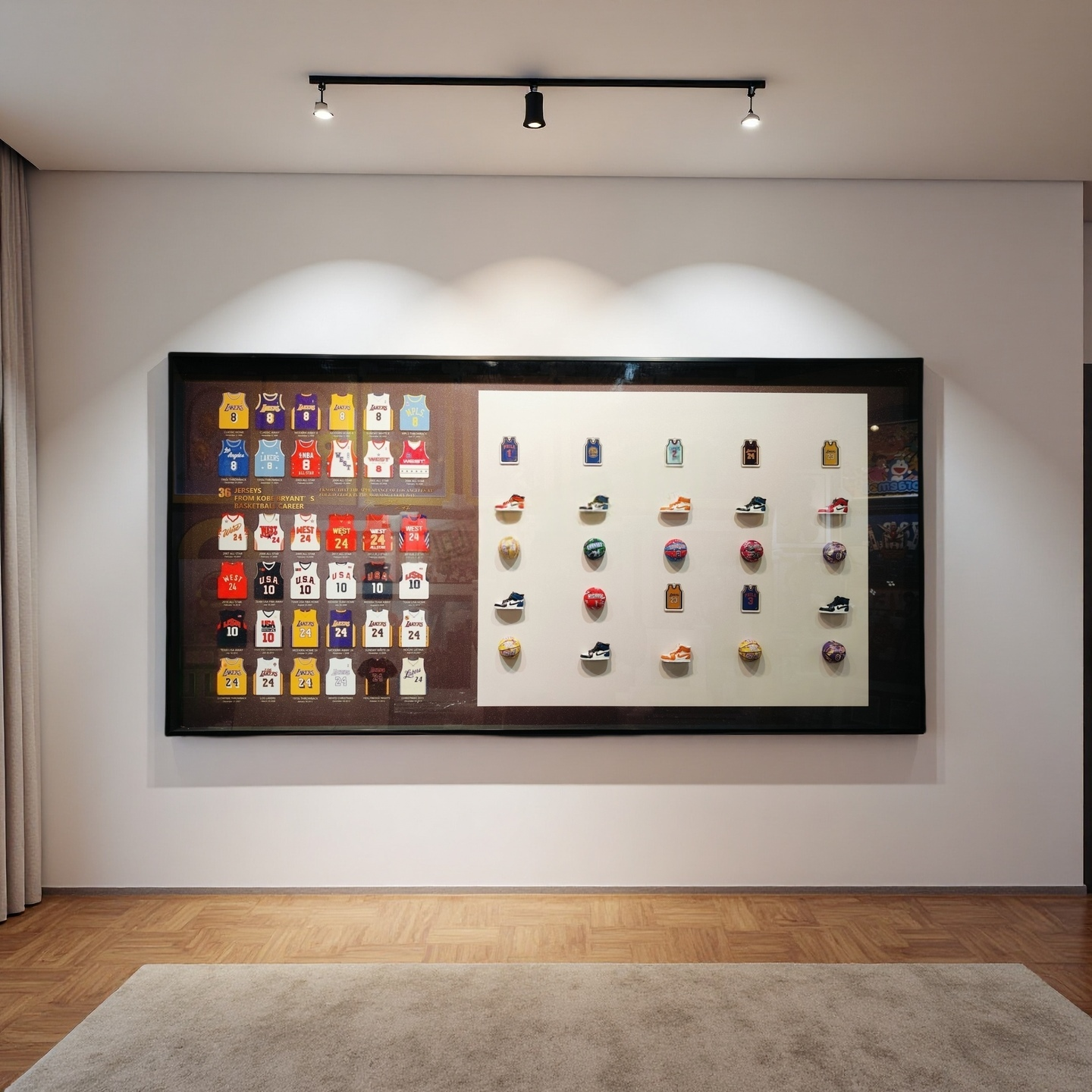 Framed 3D Kobe Bryant wall art featuring 36 jerseys, sneakers, and basketballs in a 60×120cm display.
