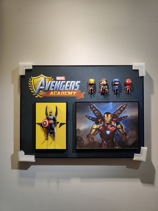 Marvel Avengers Academy 3D wall art featuring Captain America figure, Iron Man print, and chibi Marvel characters.