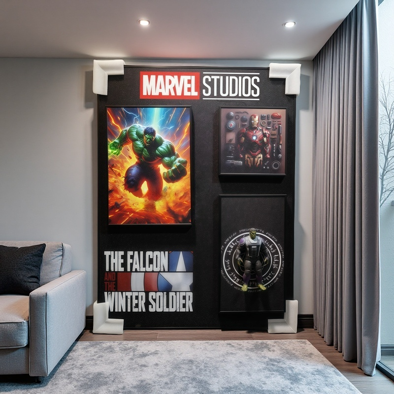 Marvel Studios 3D wall art featuring Hulk, Iron Man tech poster, and Hulk figurine inside a mystical ring. The Falcon and the Winter Soldier logo included.