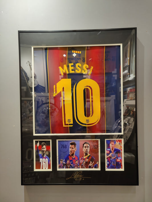 Lionel Messi #10 Barcelona jersey in openable 3D shadow box frame with action photo insets