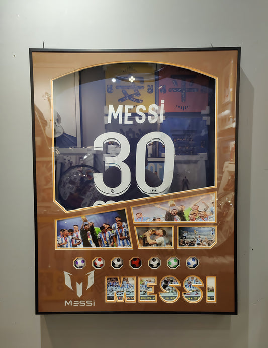 Lionel Messi #30 commemorative jersey in openable 3D shadow box frame with celebratory photo insets
