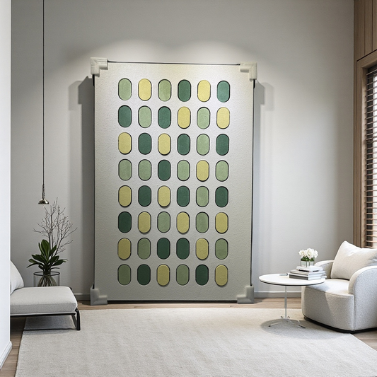 Modern minimalist 80×120cm geometric wall art with green and yellow ovals, wall-mounted display