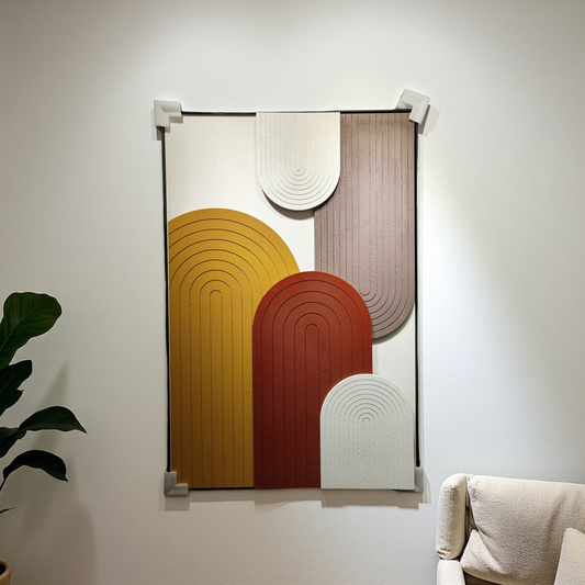 Modern minimalist wall art with warm arched patterns in orange, white, and yellow, 80×120cm vertical wall hanging