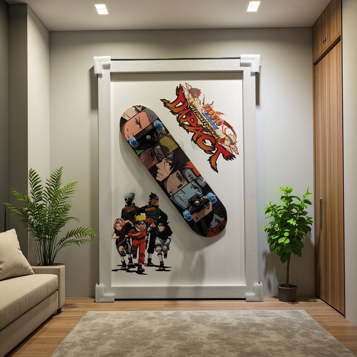 Naruto Shippuden 3D skateboard wall art in 80×120cm frame with anime characters