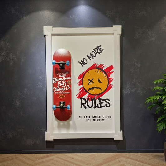 No More Rules skateboard wall art in red graffiti style, 80×120cm