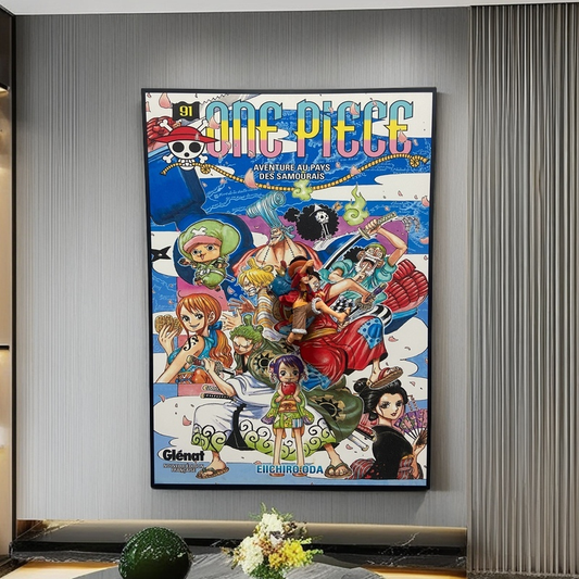 One Piece 3D wall art featuring Luffy figurine and vibrant manga poster design