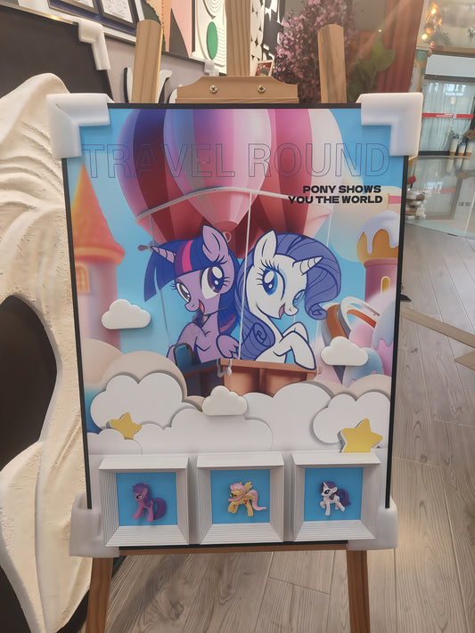 50×70cm 3D pony balloon adventure wall art with hot air balloon scene and framed figurines