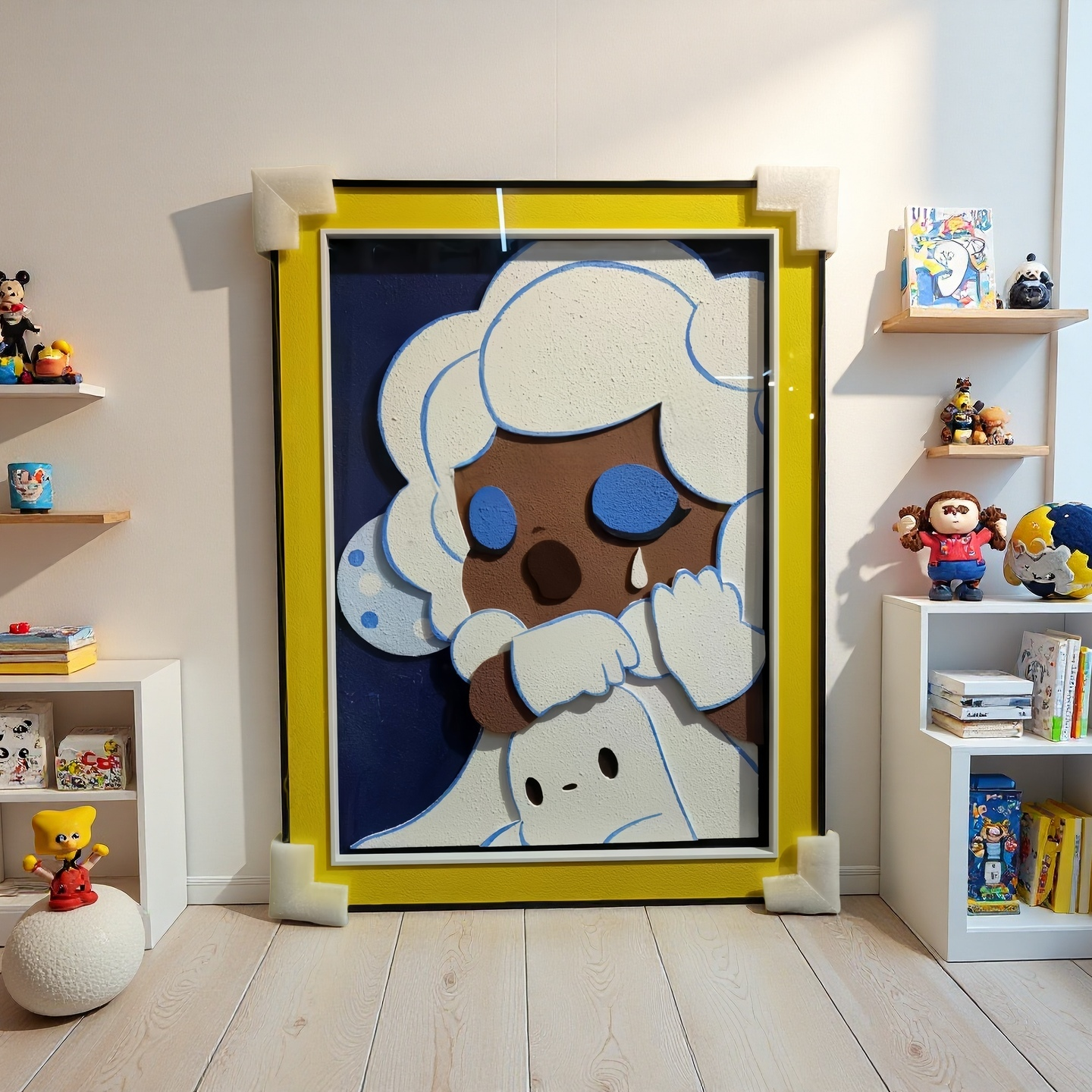 Pop Art Style crying character 3D wall art with yellow frame, 60×80cm wall hanging