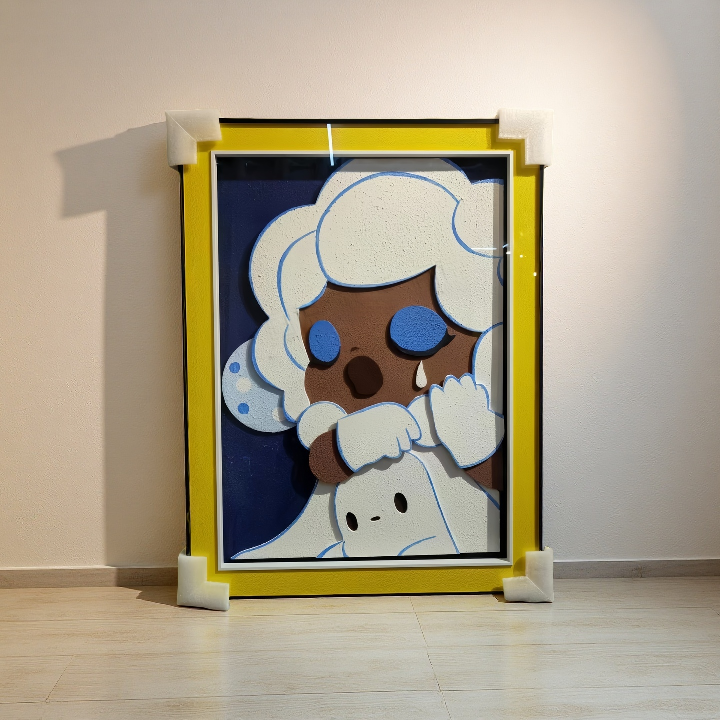 Pop Art Style crying character 3D wall art with yellow frame, 60×80cm wall hanging