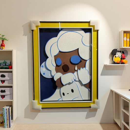 Pop Art Style crying character 3D wall art with yellow frame, 60×80cm wall hanging