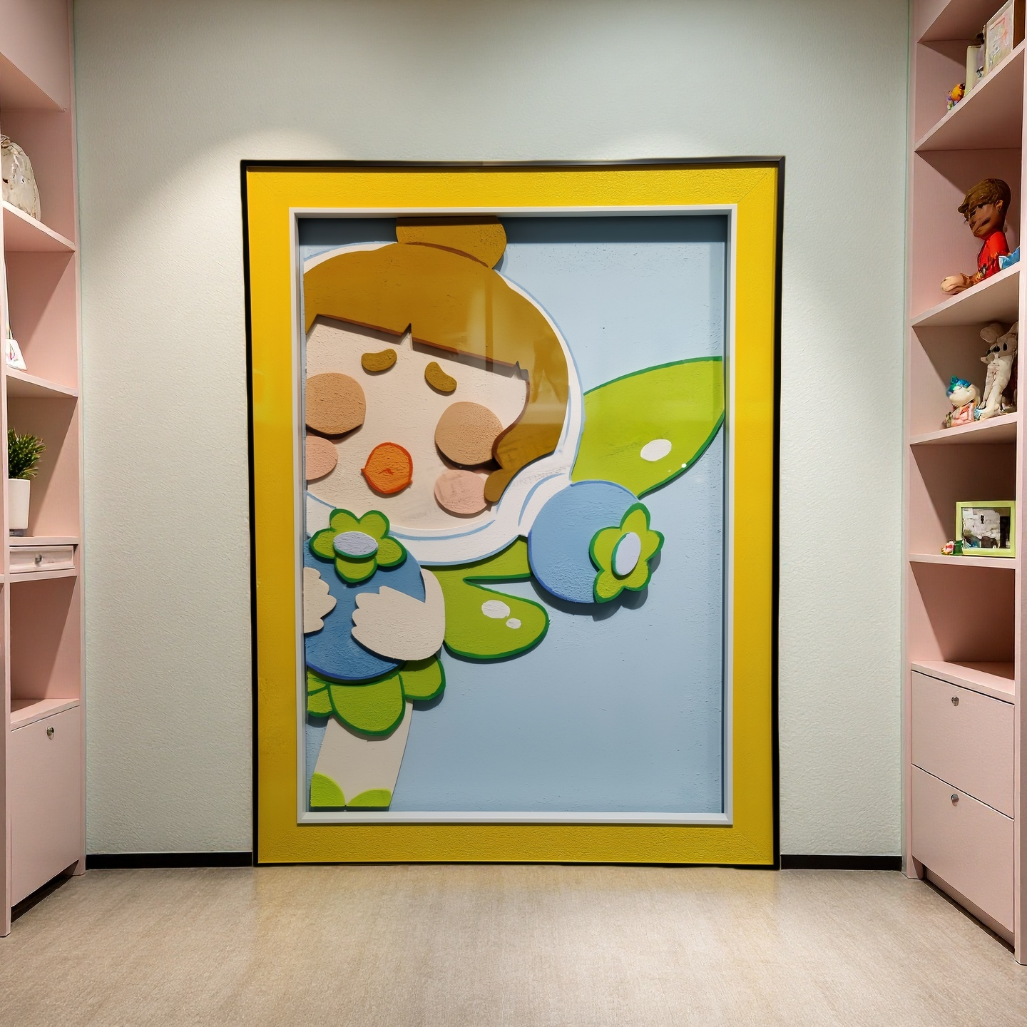 Pop Mart Fairy Girl 3D wall hanging art with pastel flowers and wings, 60×80cm