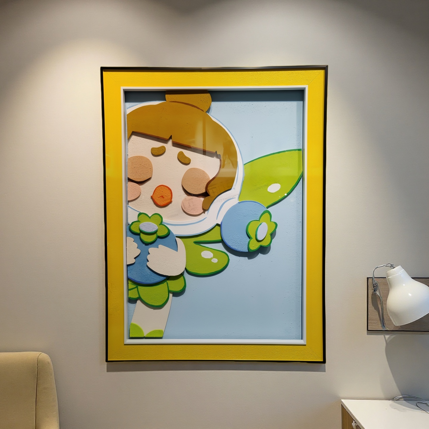 Pop Mart Fairy Girl 3D wall hanging art with pastel flowers and wings, 60×80cm