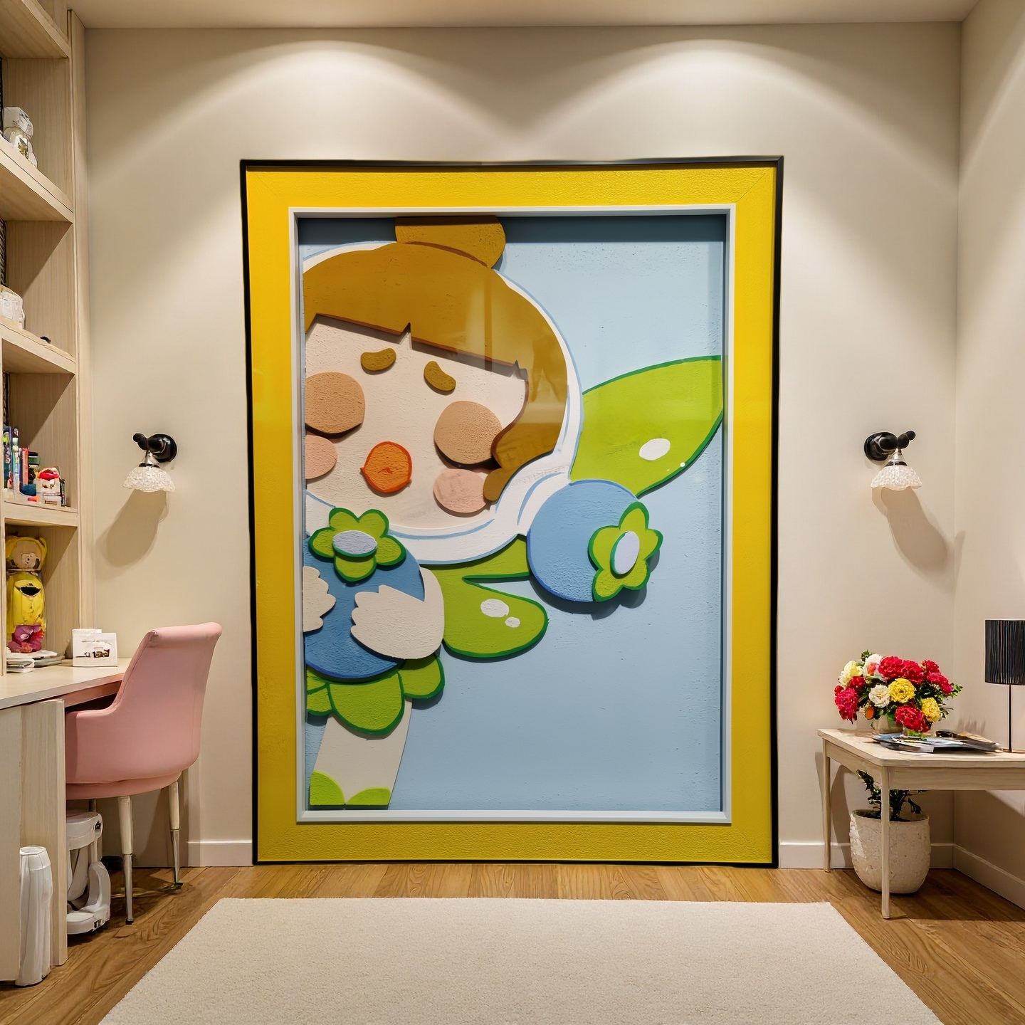 Pop Mart Fairy Girl 3D wall hanging art with pastel flowers and wings, 60×80cm