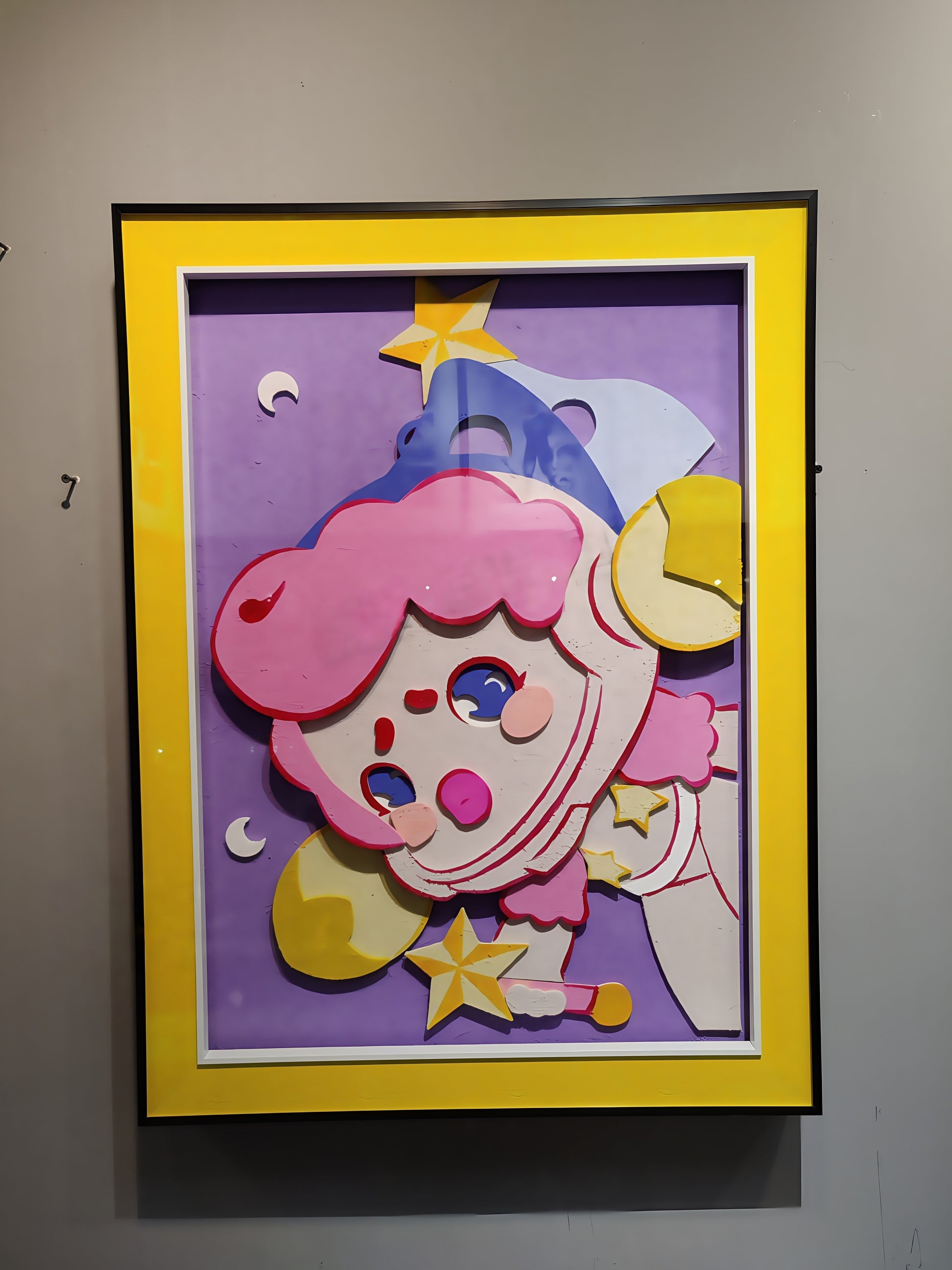 Pop Mart Molly 3D wall art sculpture in acrylic frame hanging on wall, 60×80 cm