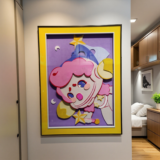 Pop Mart Molly 3D wall art sculpture in acrylic frame hanging on wall, 60×80 cm