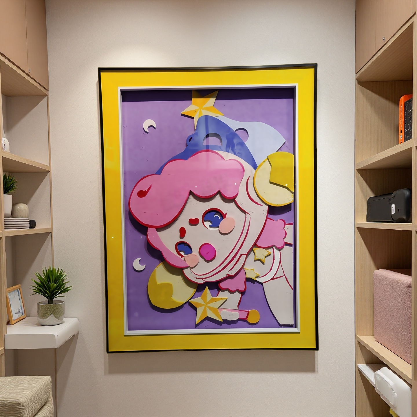 Pop Mart Molly 3D wall art sculpture in acrylic frame hanging on wall, 60×80 cm