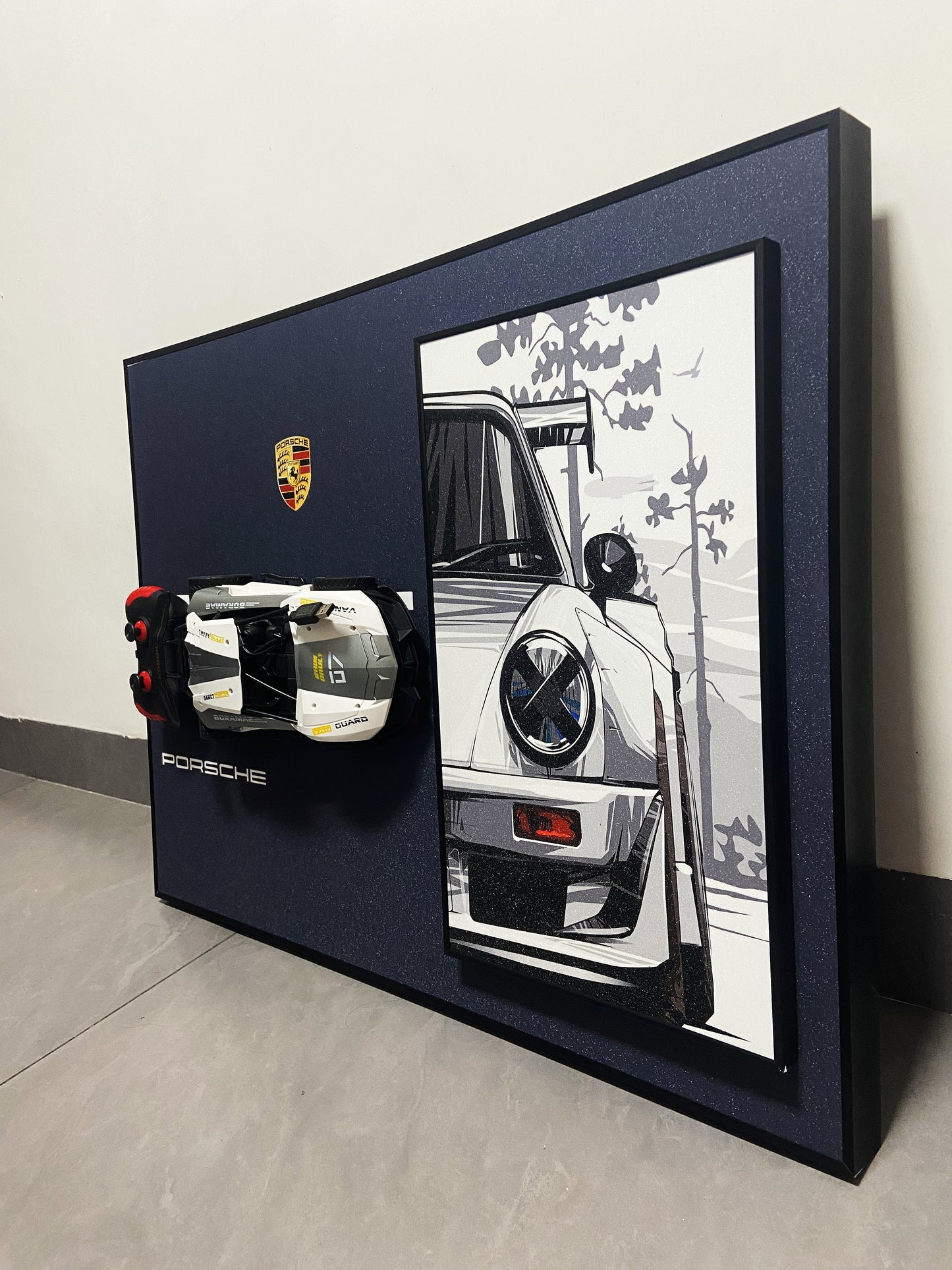 3D Porsche wall art with detachable RC car model and classic sports car illustration

