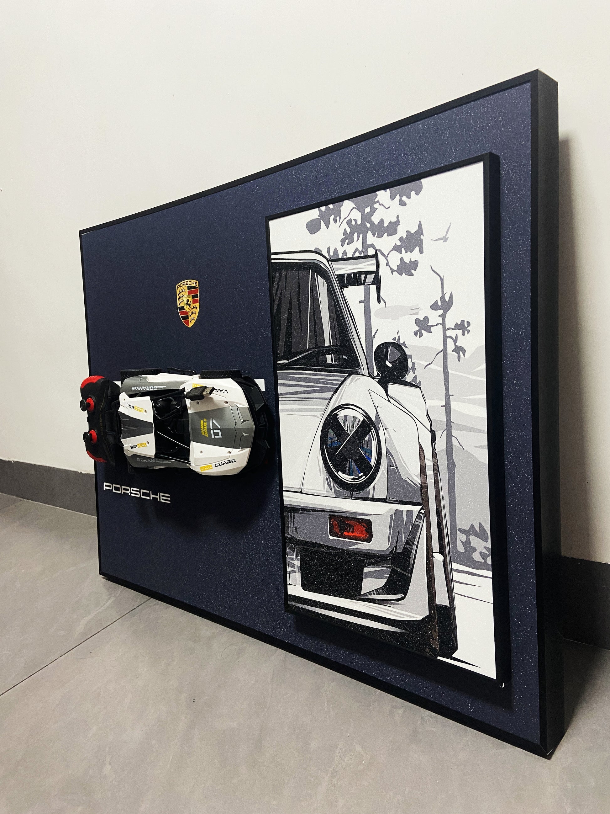 3D Porsche wall art with detachable RC car model and classic sports car illustration

