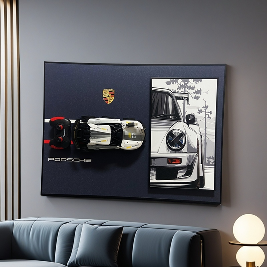 3D Porsche wall art with detachable RC car model and classic sports car illustration

