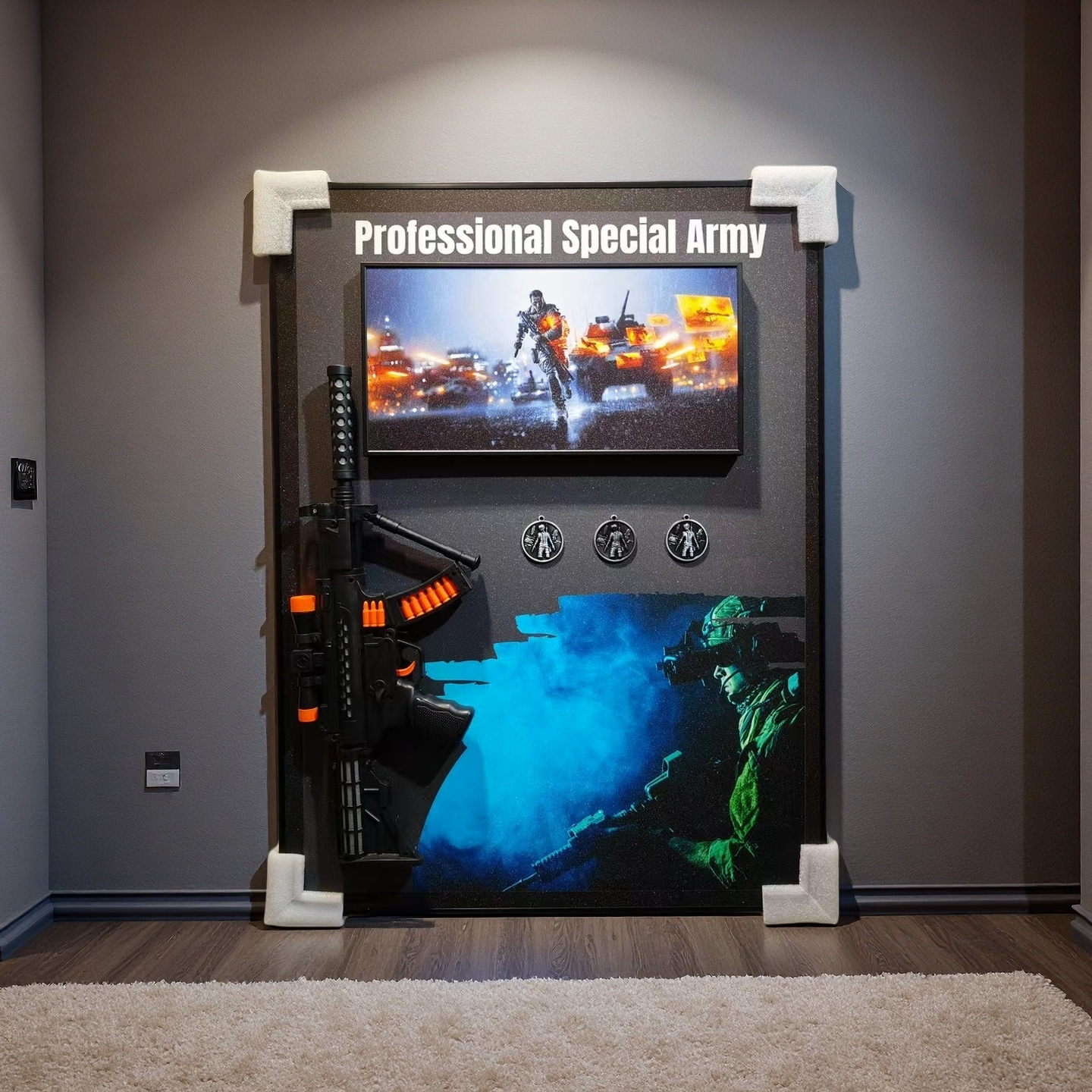 Professional Special Army 3D Wall Art with Tactical Gun for Gaming Room