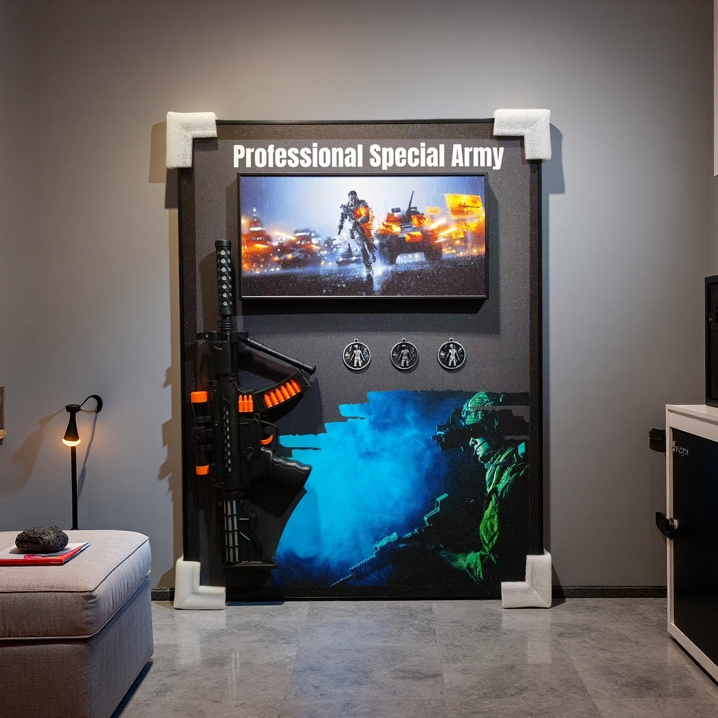 Professional Special Army 3D Wall Art with Tactical Gun for Gaming Room
