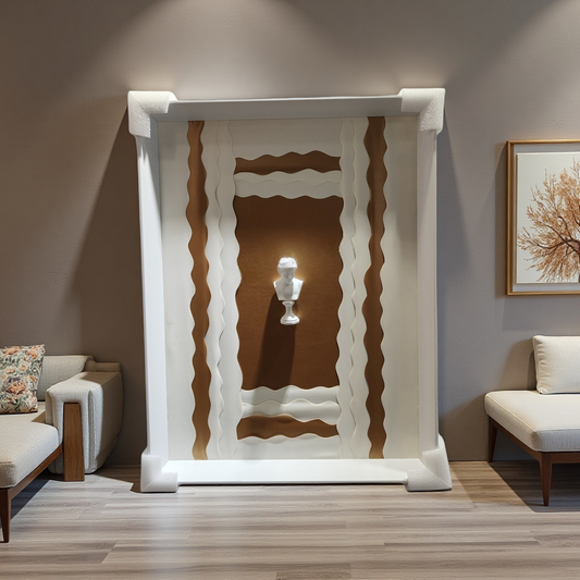 Sculptural relief wall art with classical bust in brown and white tones