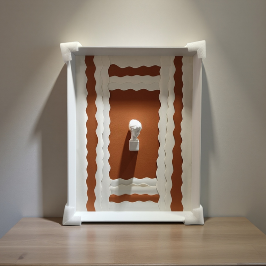 3D sculptural bust wall art with terracotta wave background and white frame – 50×70cm