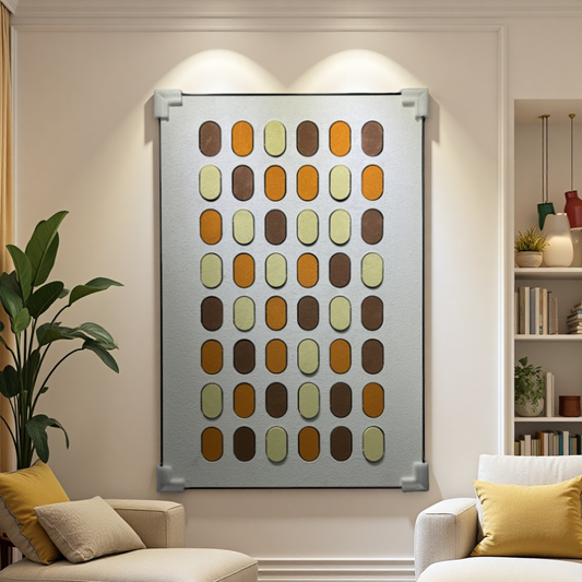 Geometric wall art with orange, yellow, and brown oval shapes – 80×120cm vertical canvas for cozy interior décor