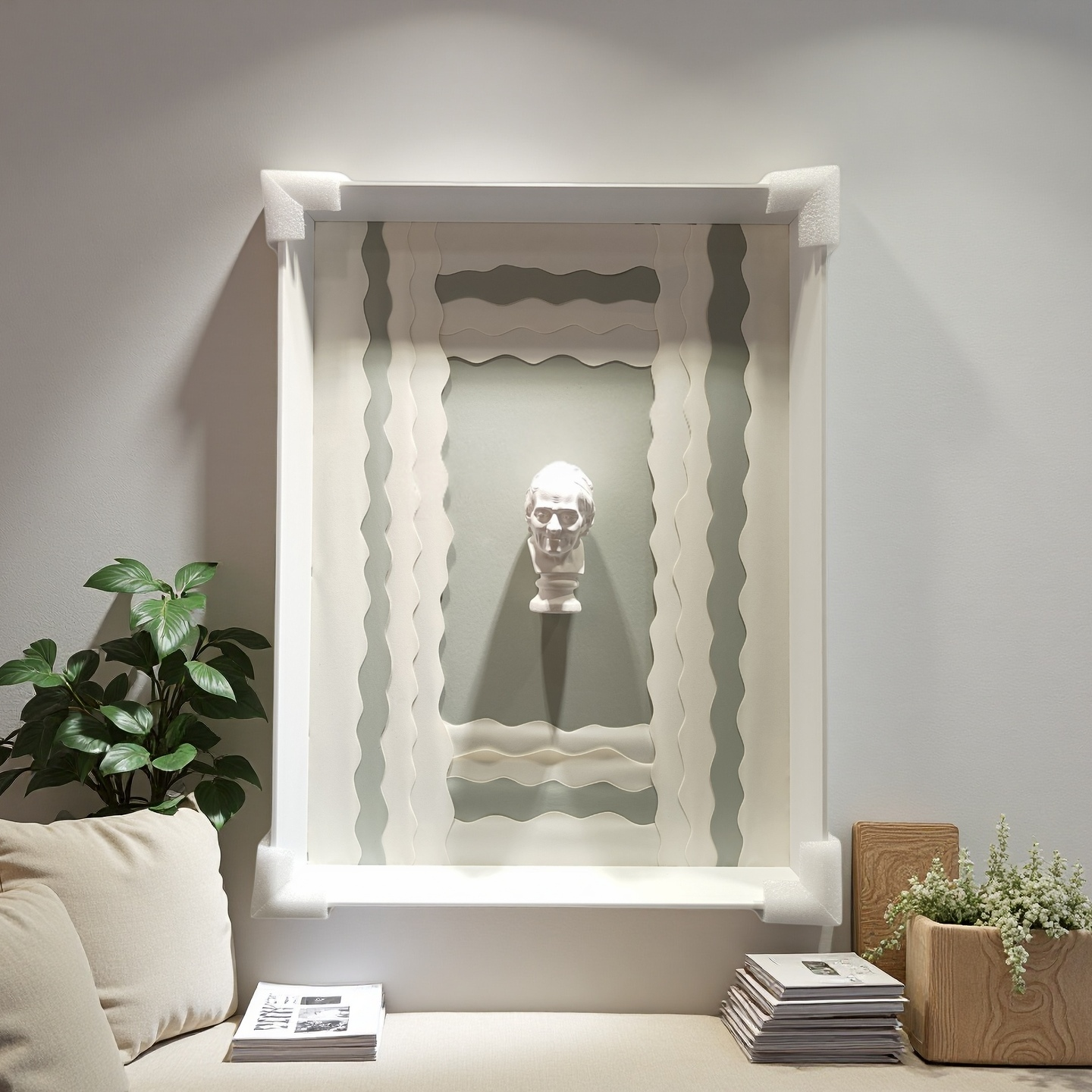 50×70cm framed wave-style wall art with white classical bust and mint backdrop