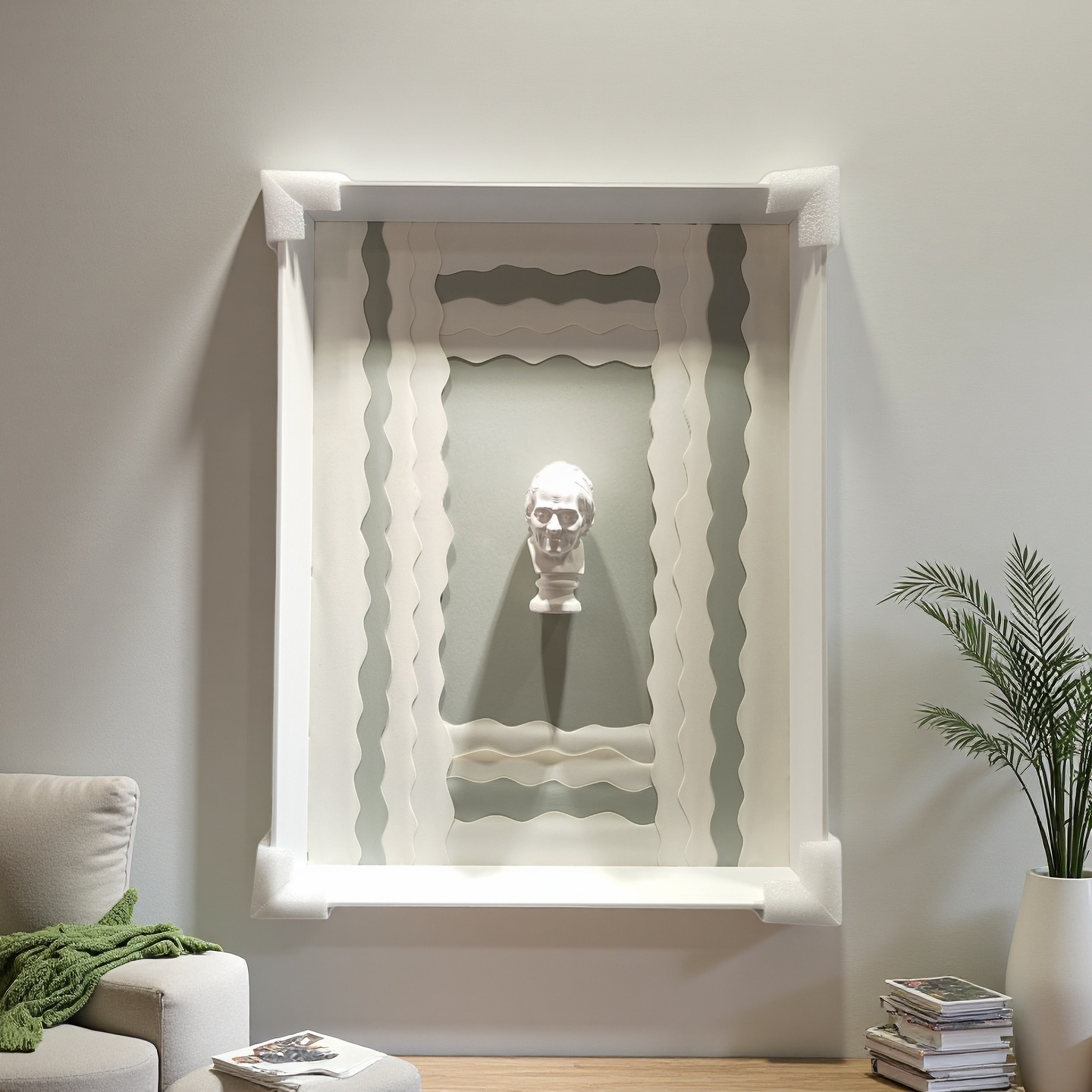 50×70cm framed wave-style wall art with white classical bust and mint backdrop