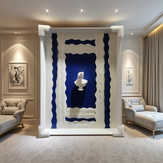 Modern wave sculpture wall art featuring a classical white bust on a layered blue and white background with a white frame